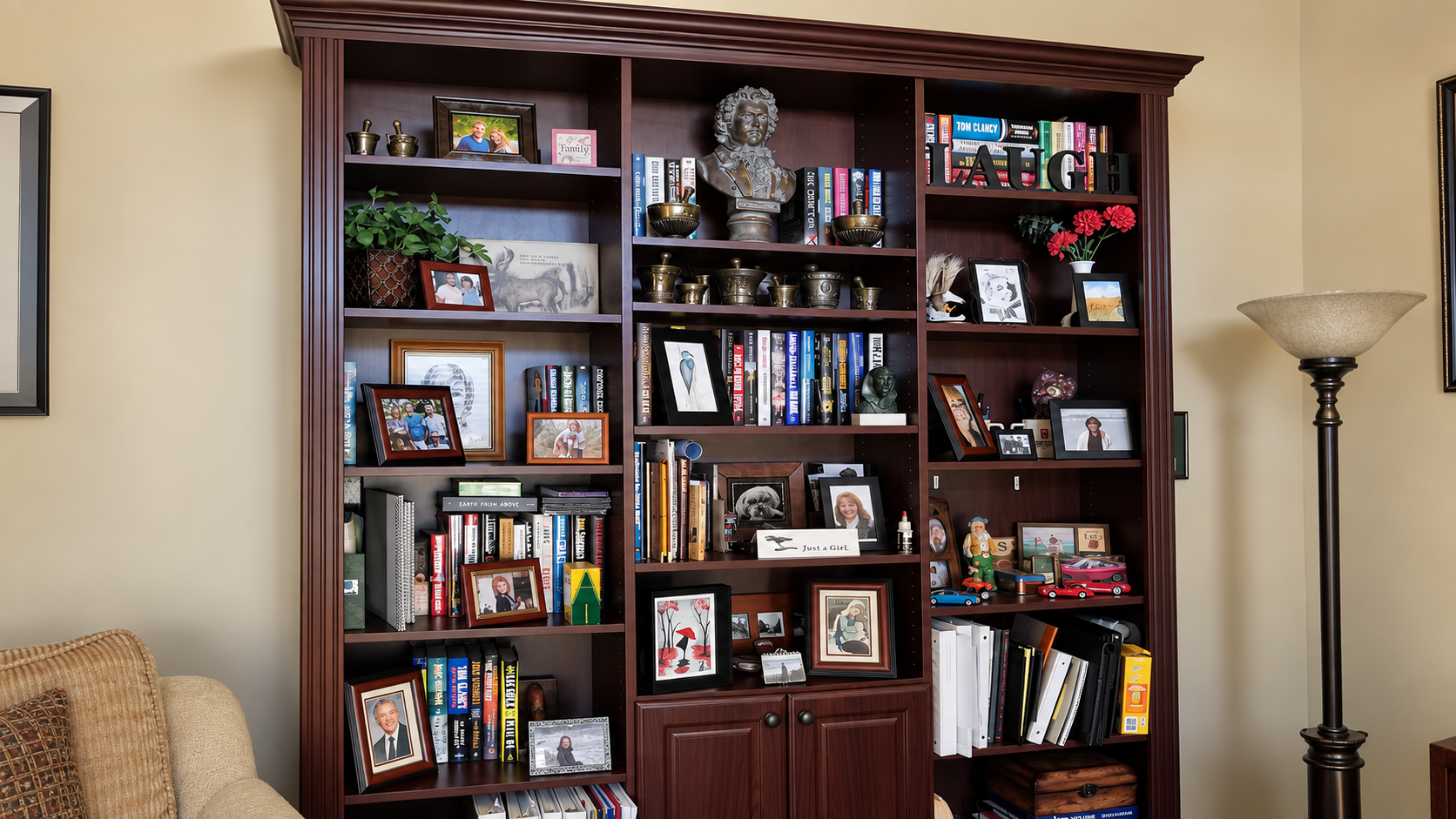 Custom library shelving designed for books and display storage