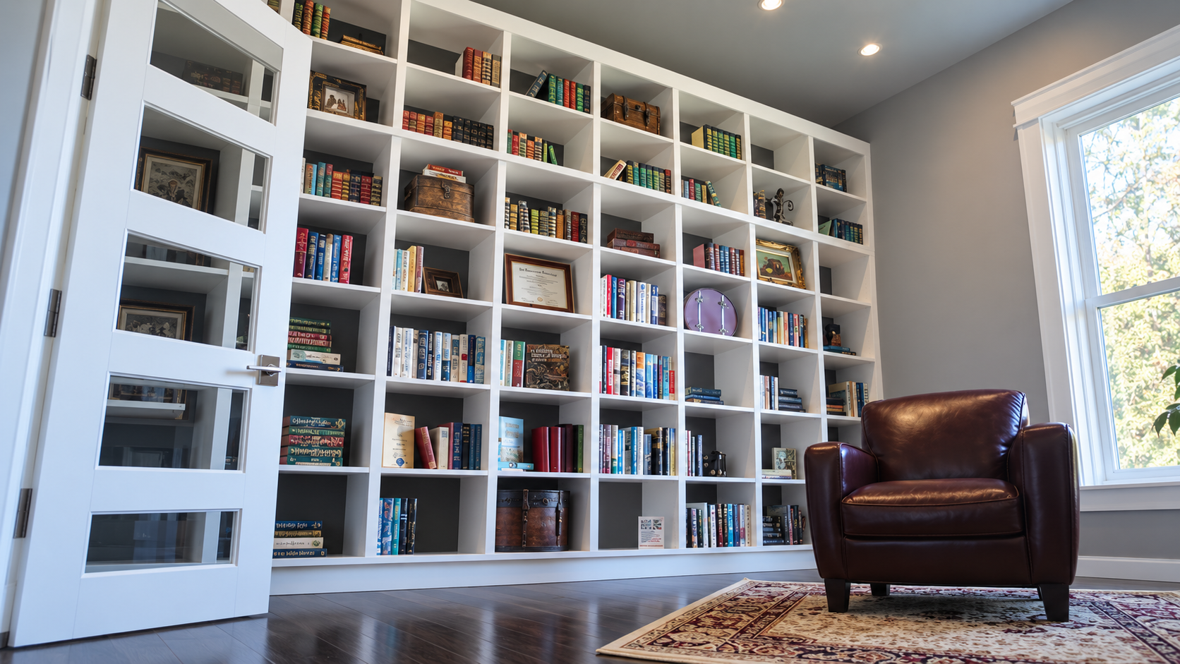 Custom built-in shelving fitted to the dimensions of the room
