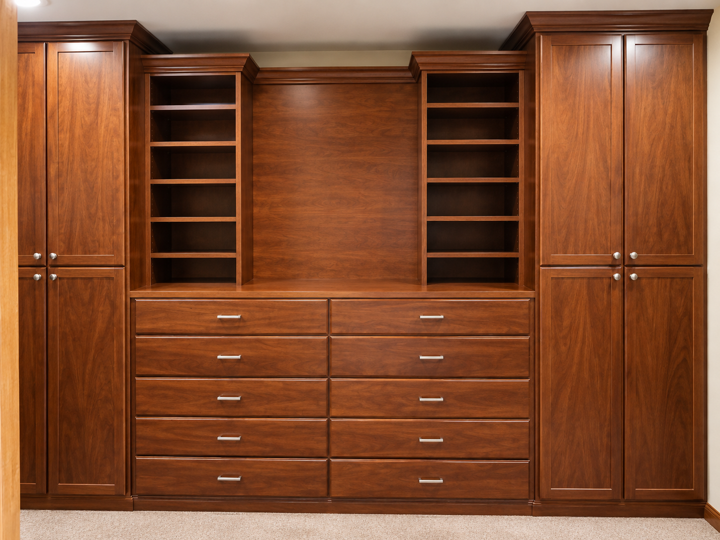 Custom media center with open shelving and lower closed storage