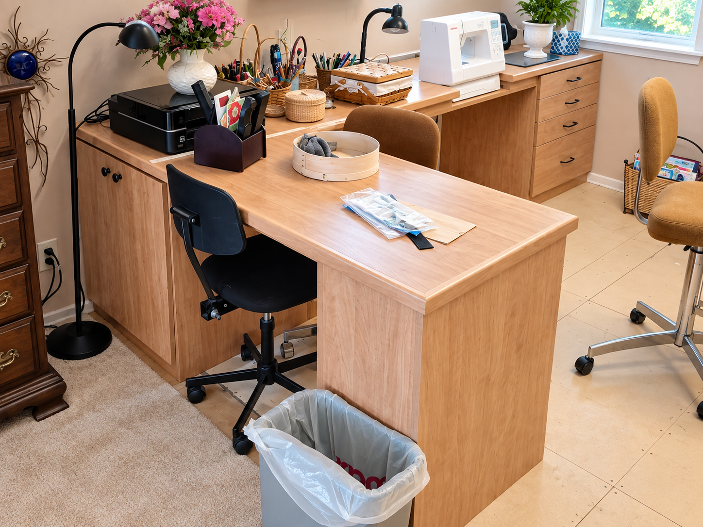 Custom craft room work surface with organized storage