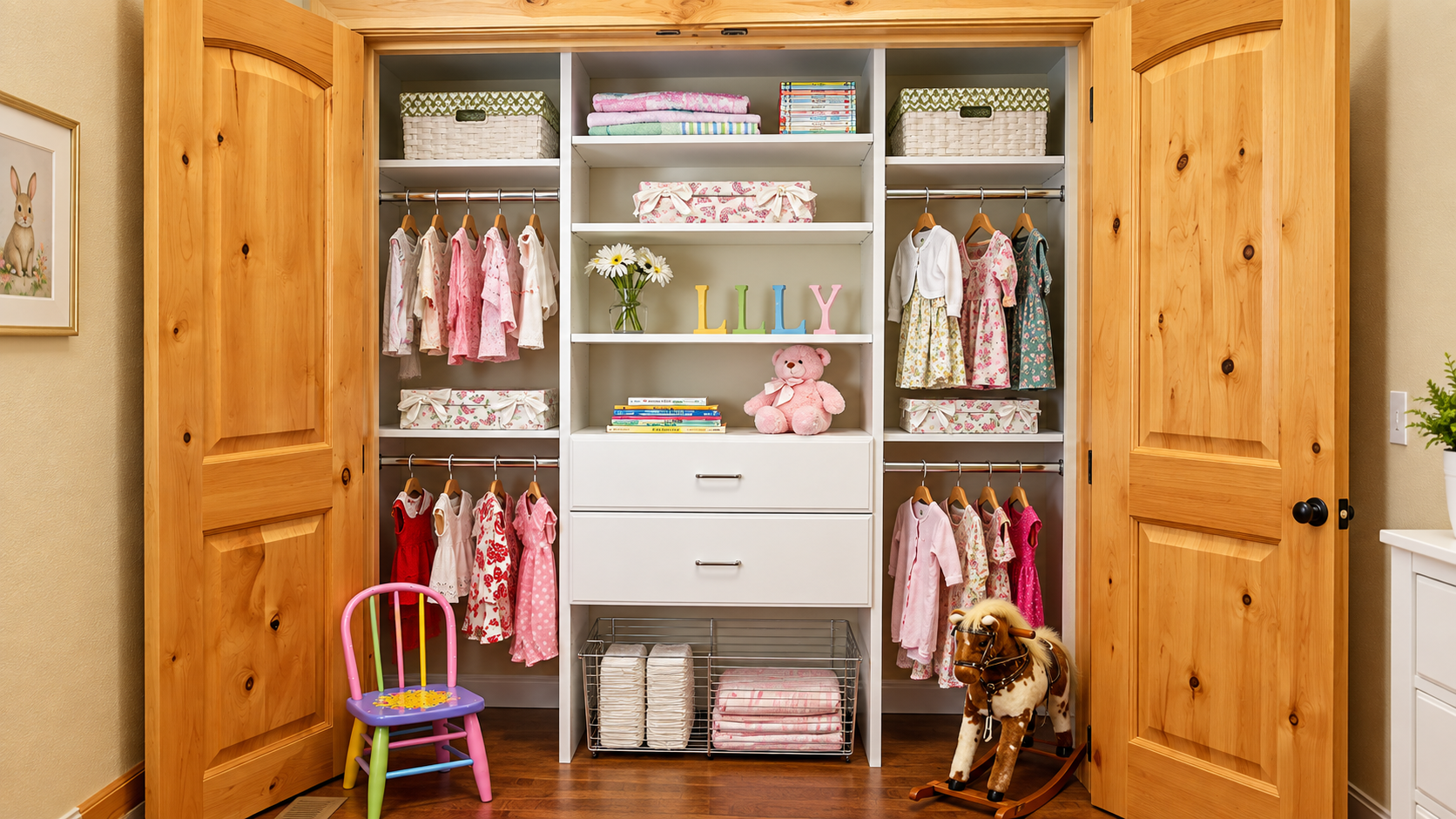Custom reach-in closet with optimized hanging and shelving