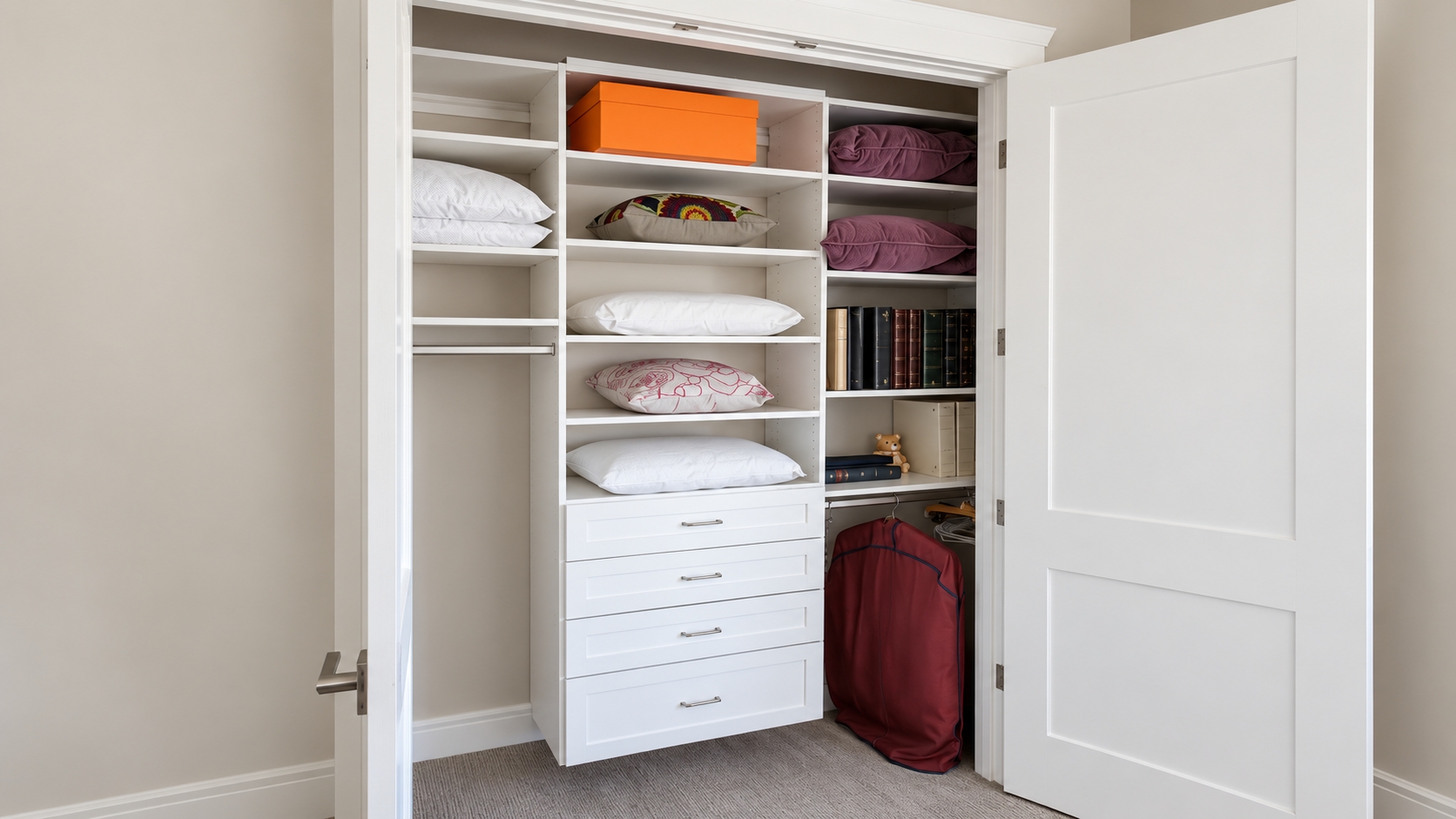 Custom reach-in closet system fitted to the available opening