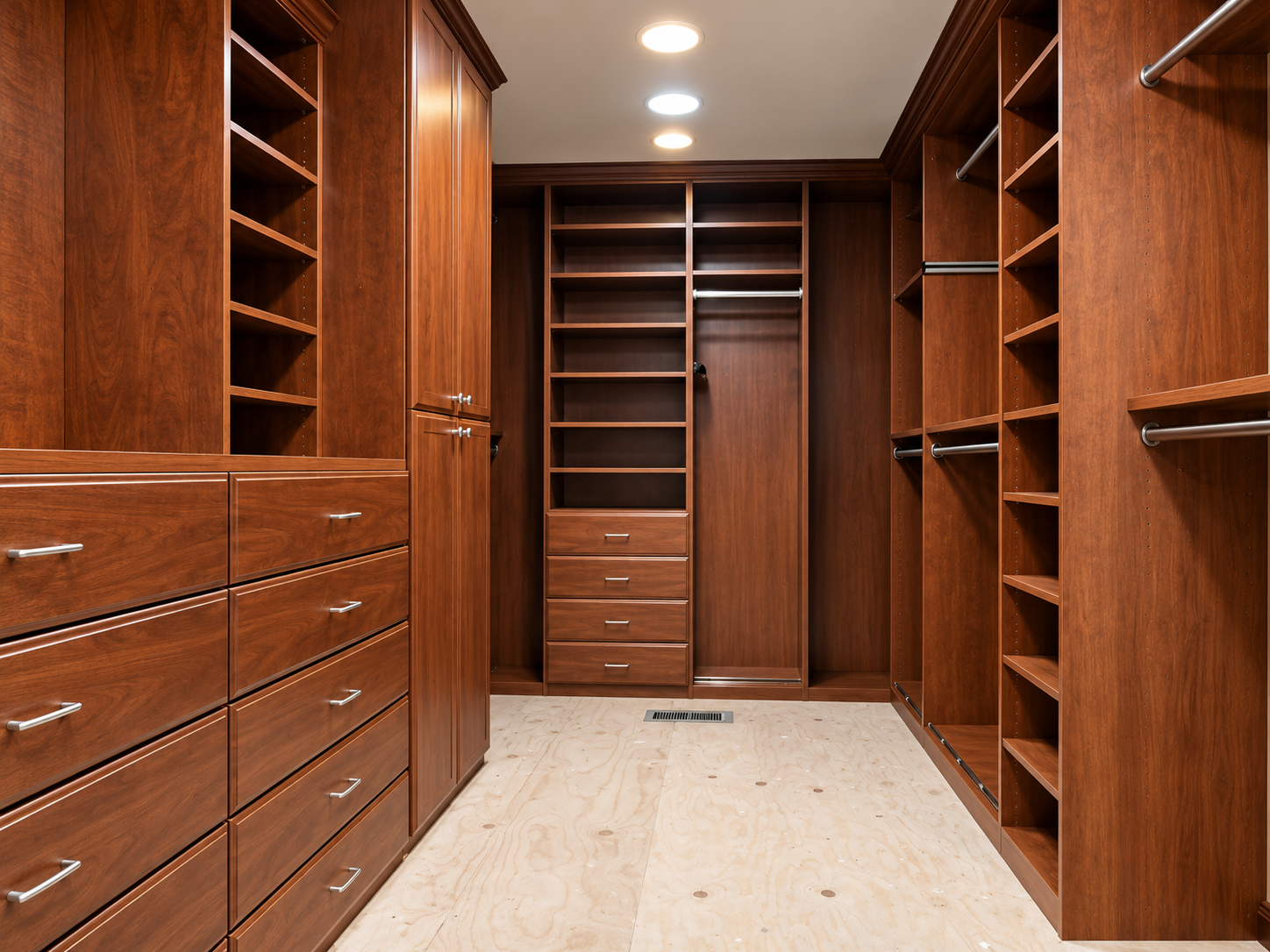 Organized custom walk-in closet with hanging shelves and drawers