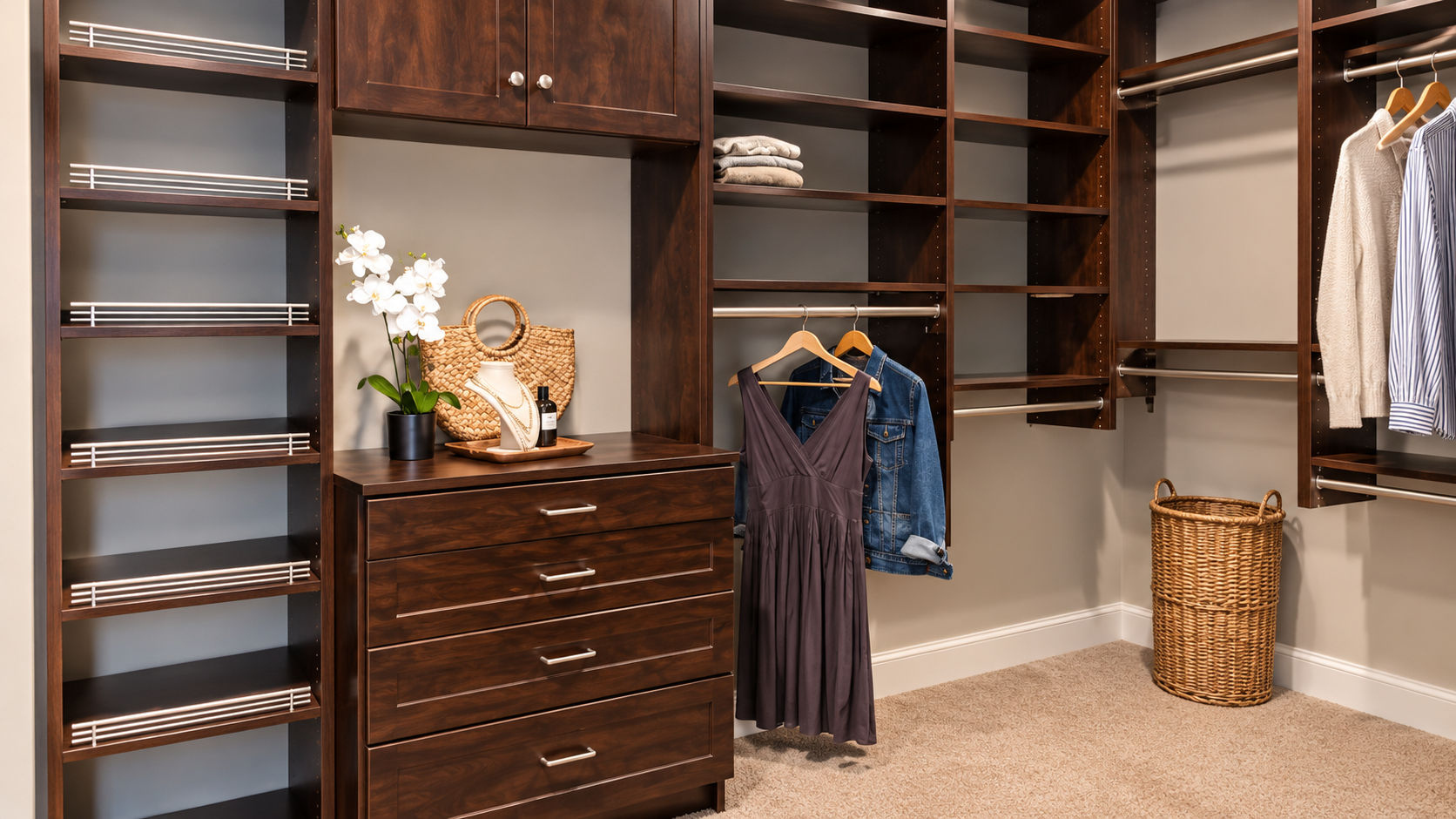 Custom walk-in closet with hanging storage shelving and drawers