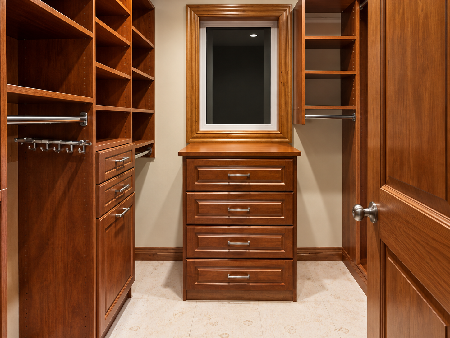 Walk-in closet with custom drawers shelves and accessory storage