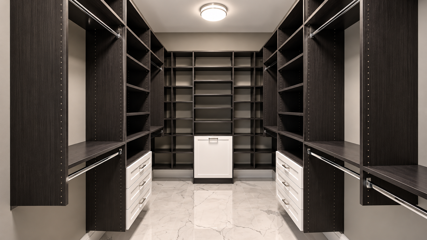 Custom walk-in closet system fitted to the dimensions of the room