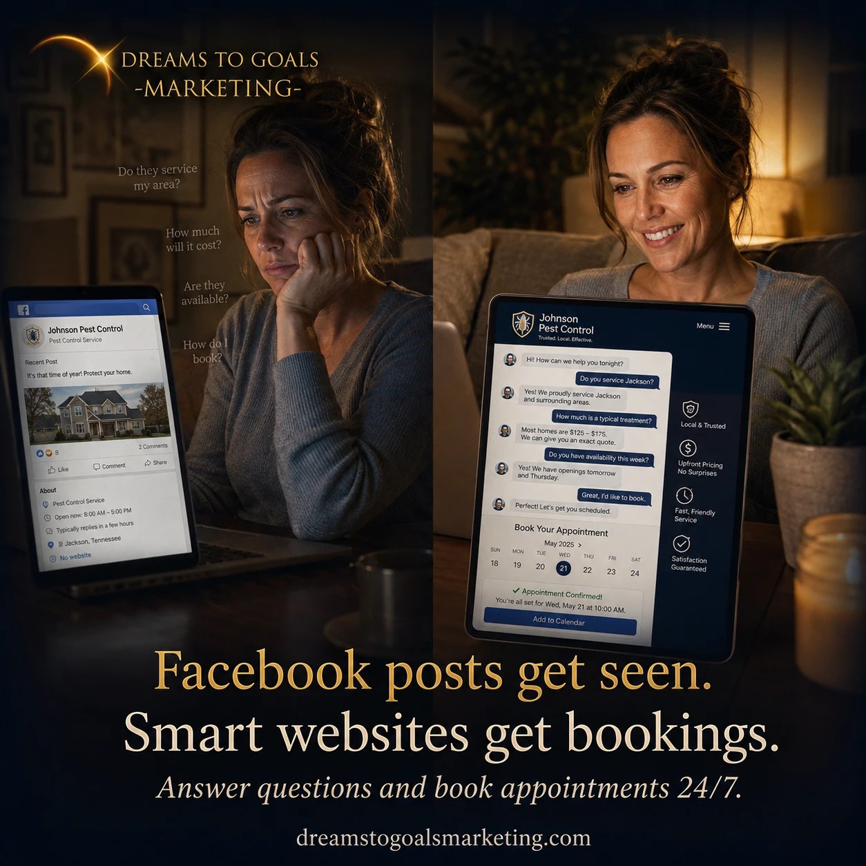Facebook posts get seen; smart websites get bookings: a site that answers questions and books 24/7