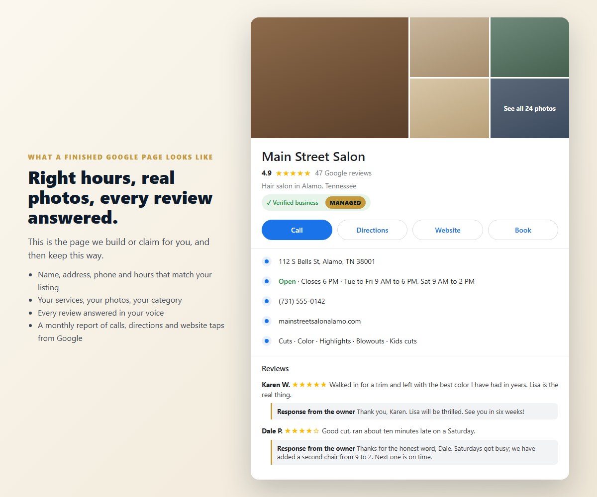 A finished Google Business Profile: photos, hours, phone, services and answered reviews