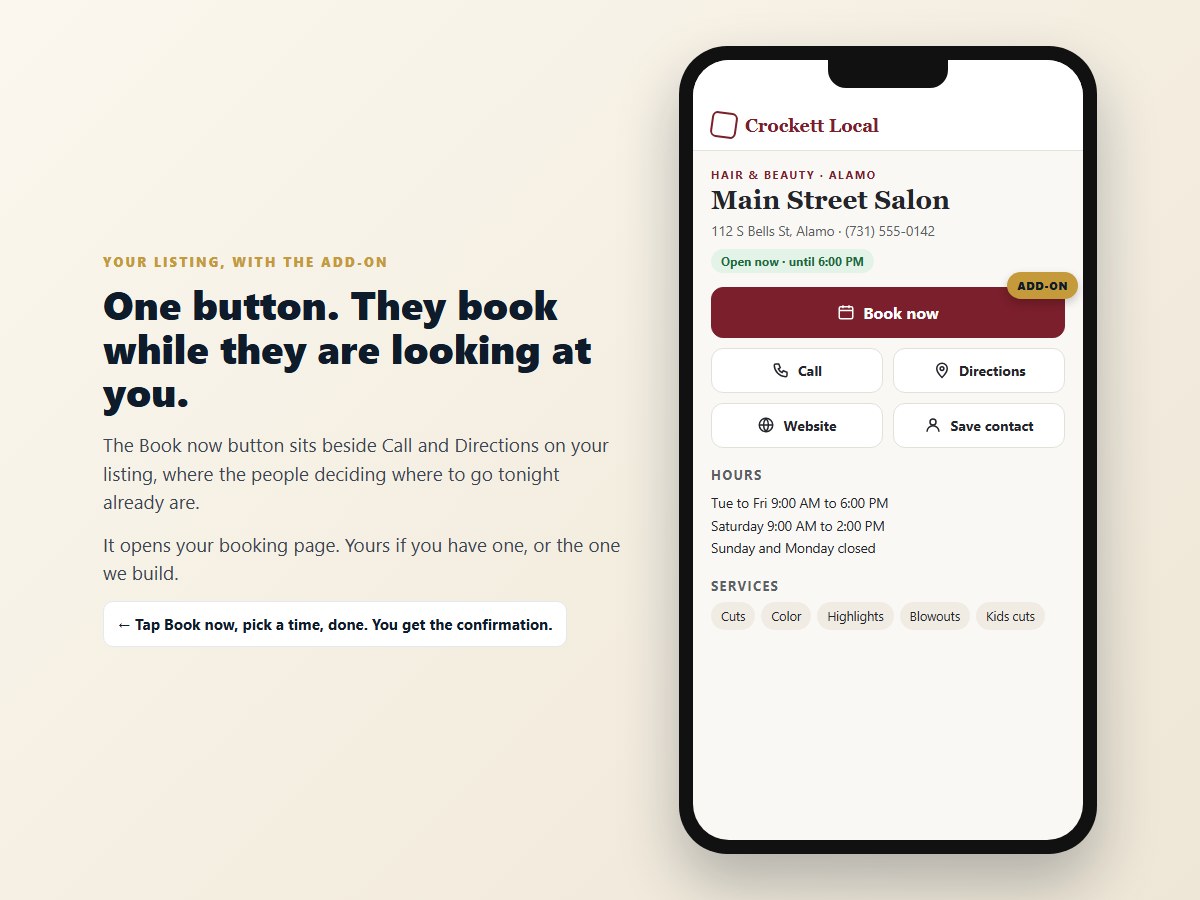 A county directory listing on a phone with a Book now button beside Call and Directions