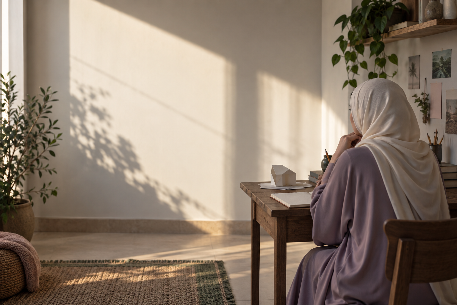 امرأة تتأمل إمكانياتها التي لم تظهر بعد في واقعها الحالي.