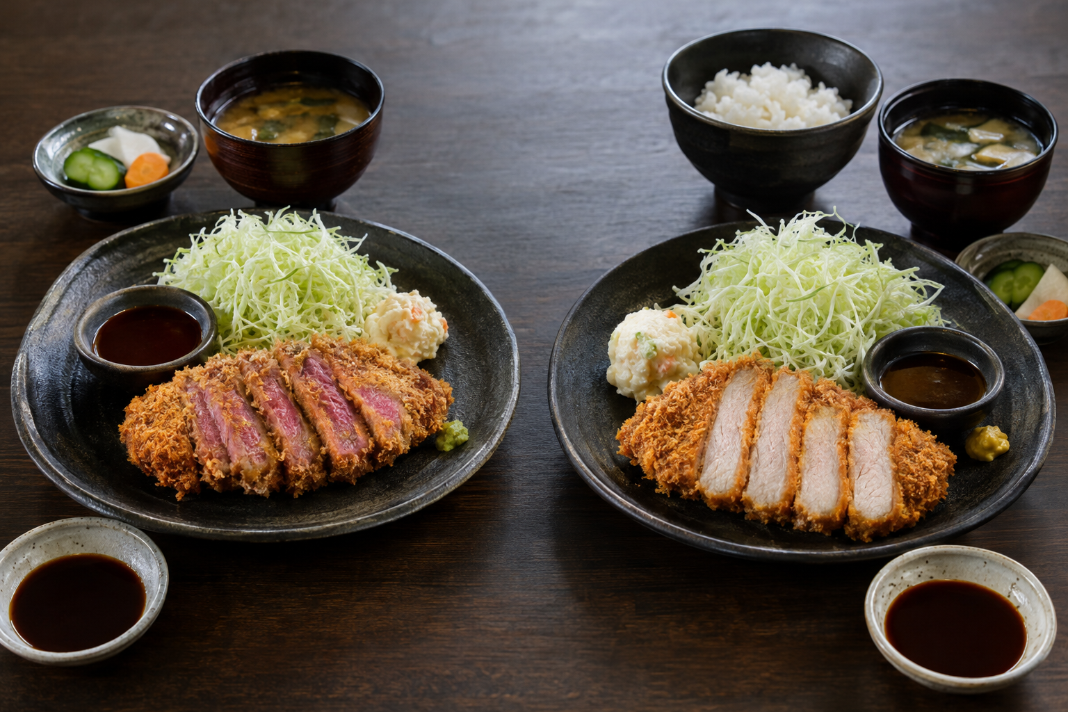 A side-by-side look at Japanese beef and pork cutlet meals.