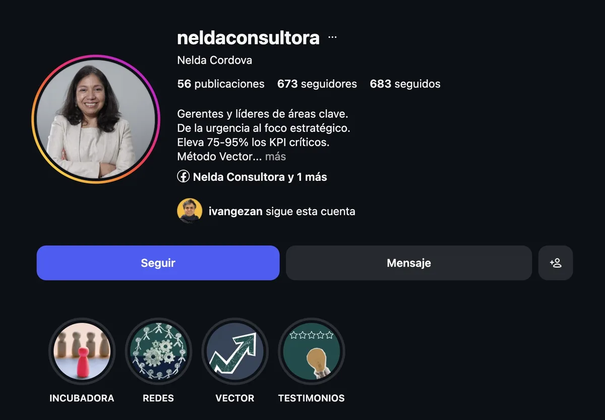 Perfil de Nelda Córdova en Instagram