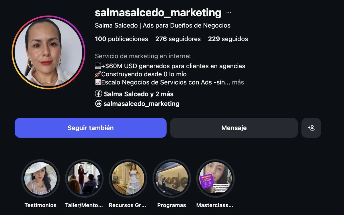 Perfil de Salma Salcedo en Instagram
