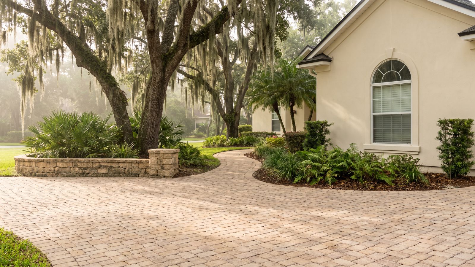 Clean paver driveway at a stucco home in Palencia, St. Augustine FL after pressure washing