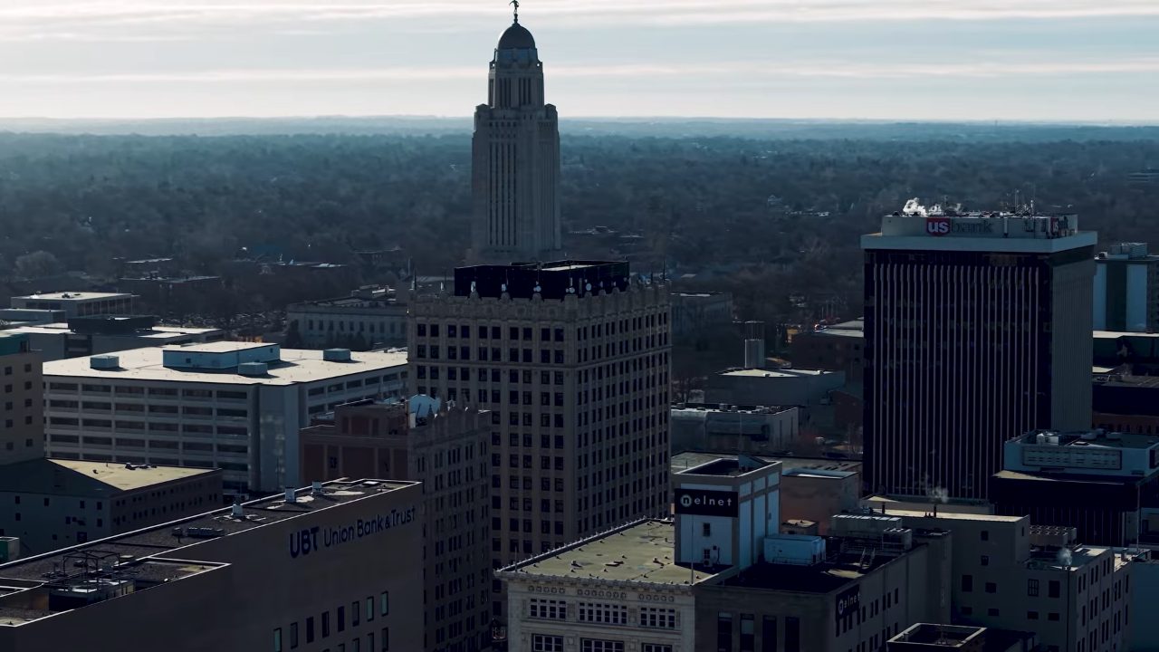 Drone shot of downtown Lincoln and the Nebraska State Capitol Drone shot of downtown Lincoln and the Nebraska State Capitol