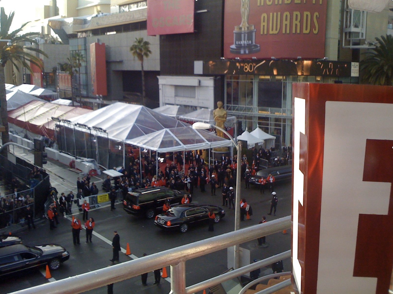 View of the 80th Academy Awards red carpet arrivals from the E! platform