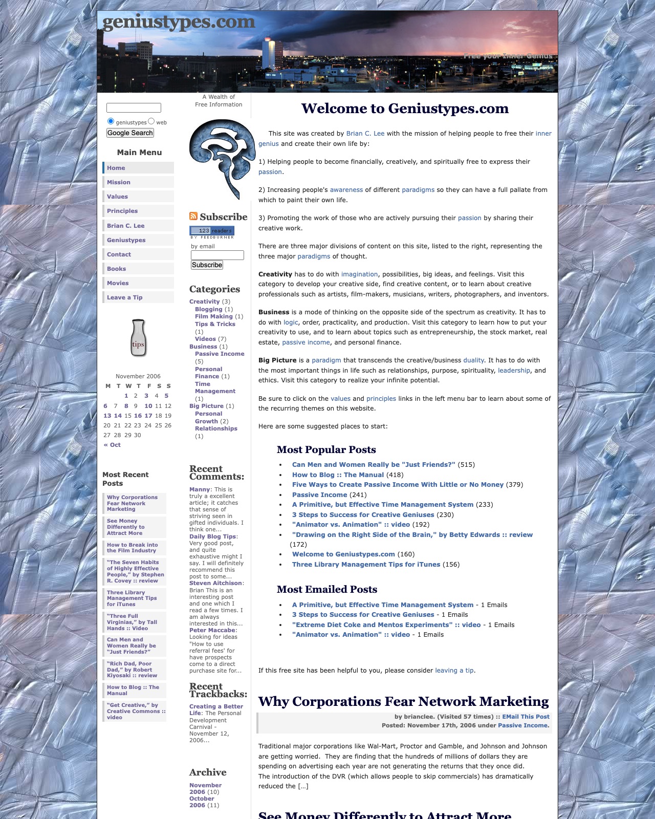 Genius Types homepage in 2006