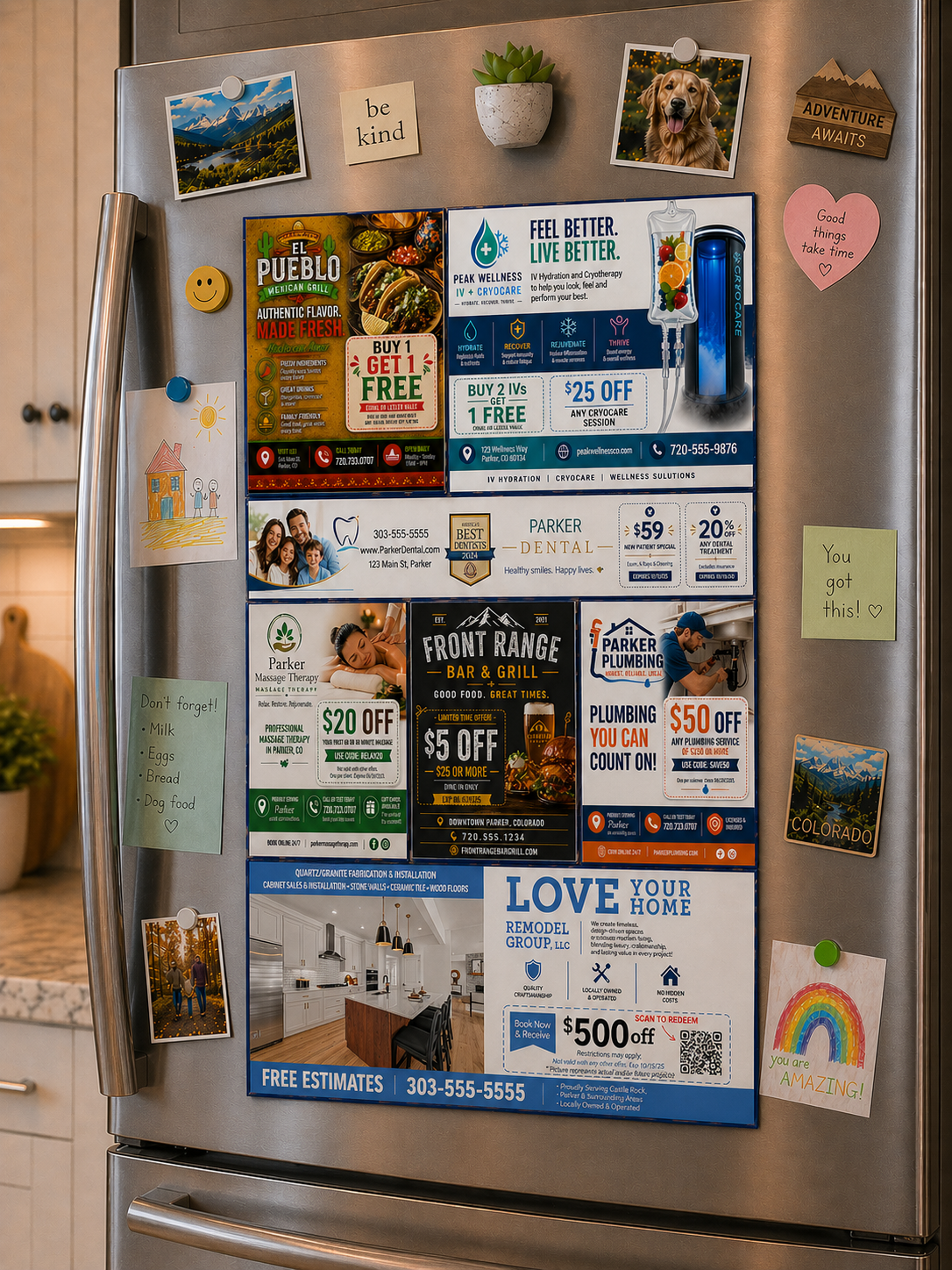9x12 Giant Postcard on a homeowner's fridge, towering over smaller standard mailers