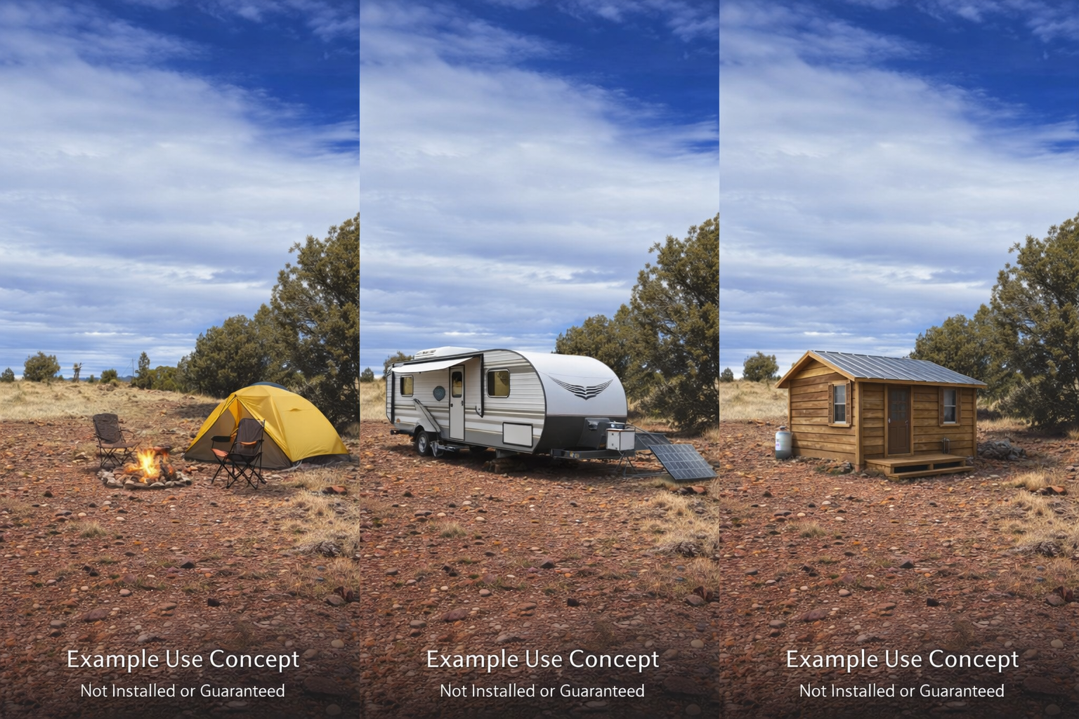 Example concept showing future campsite, RV, and cabin ideas on raw land