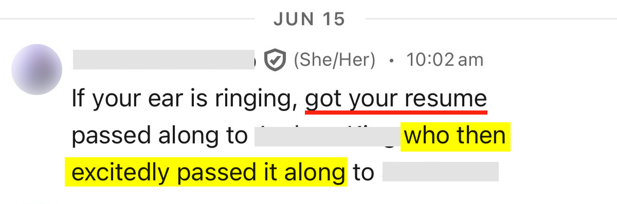 LinkedIn message: resume passed to a hiring manager