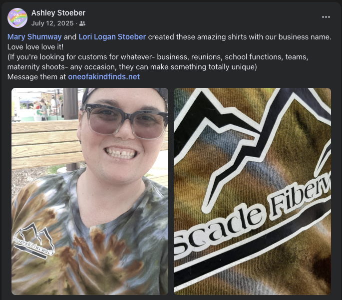 Customer wearing an earth-tone tie-dyed business shirt beside a close-up of the printed business logo