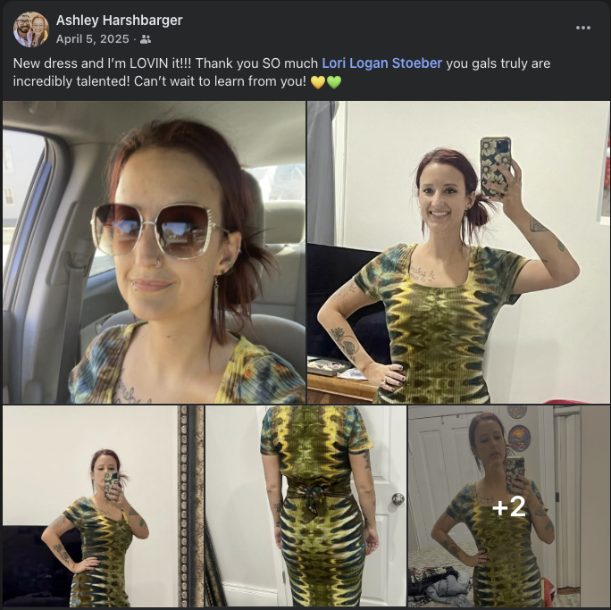 Customer photo collage showing an olive, gold, and black tie-dyed fitted dress from several angles