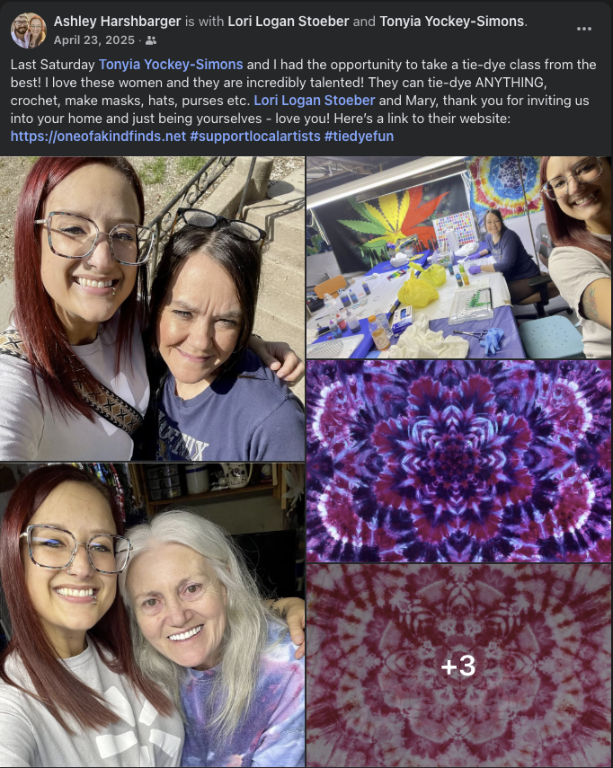 Collage from a hands-on tie-dye class with participants, supplies, and vivid purple and pink mandala patterns