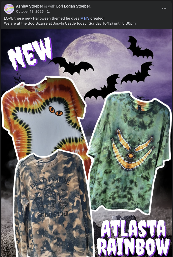 Three Halloween-themed tie-dyed shirts featuring a ghost, a spooky grin, and distressed lettering against a moon and bats backdrop
