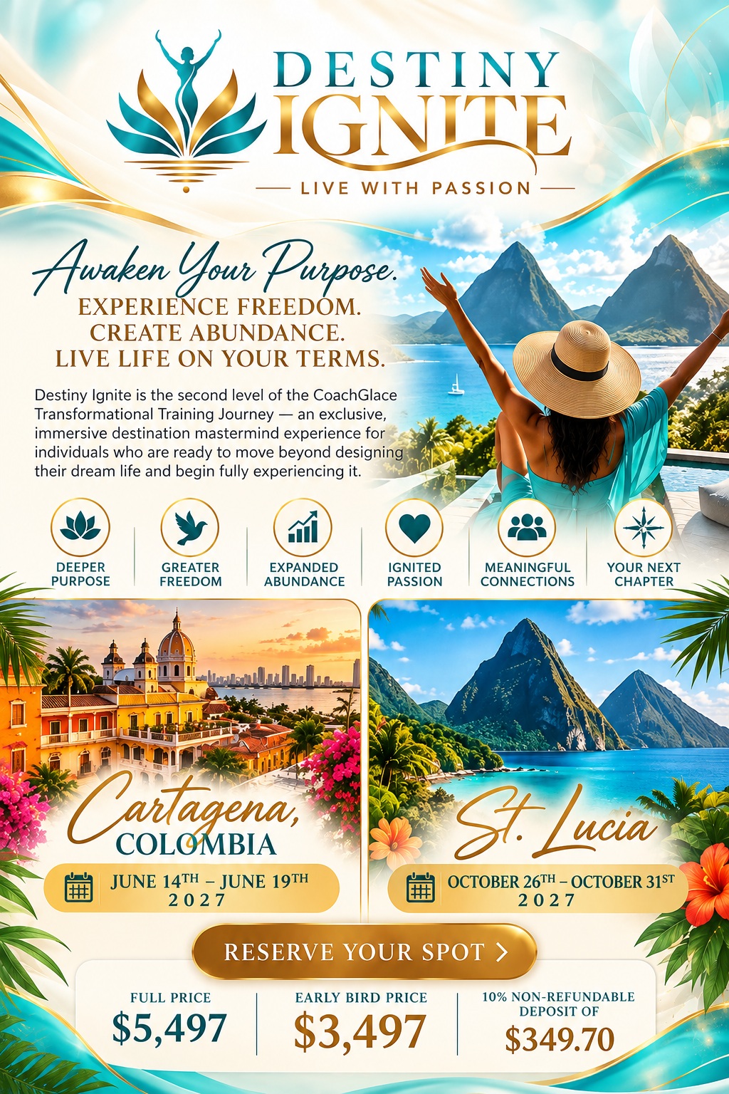 Destiny Ignite promotional flyer featuring Cartagena, Colombia and St. Lucia 2027