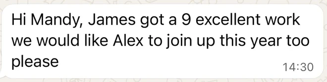 WhatsApp message from a parent: James &middot; results day