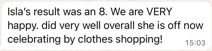 WhatsApp message from a parent: Isla &middot; results day