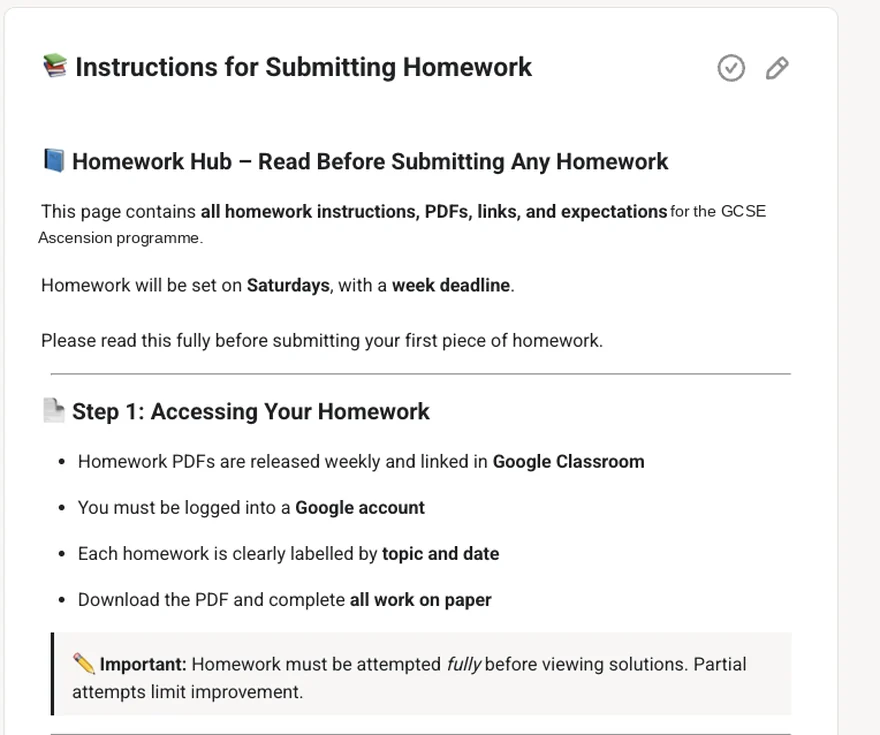 The homework hub, showing weekly instructions and submission steps