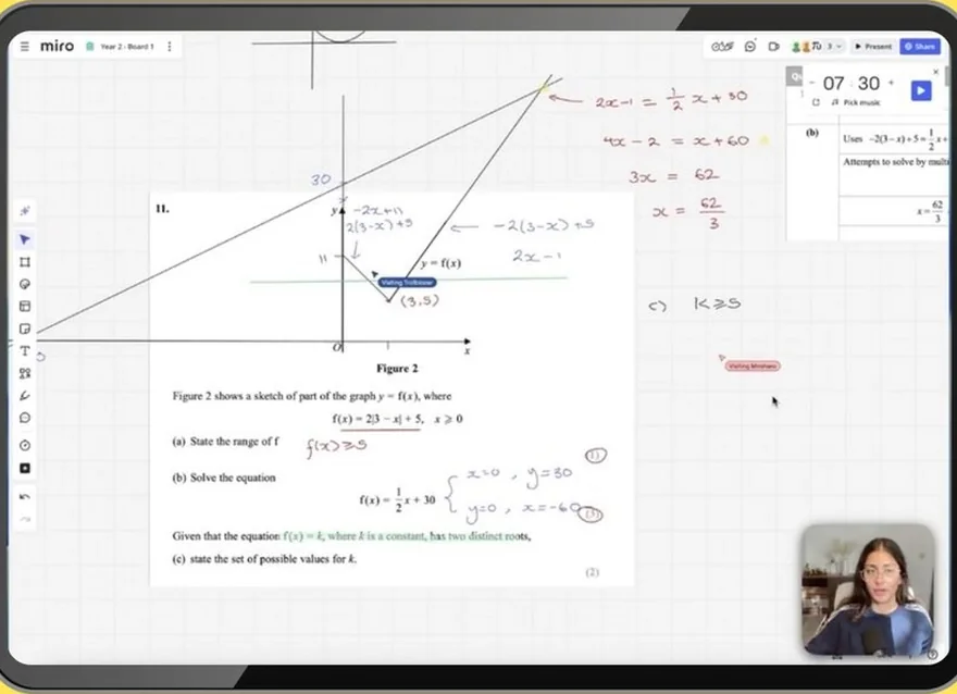 A past-paper question worked through live on the board