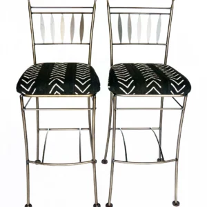 Two Hand-Forged Iron Bar Height Stools w/ Authentic Mali Bogolanfini (Mudcloth)