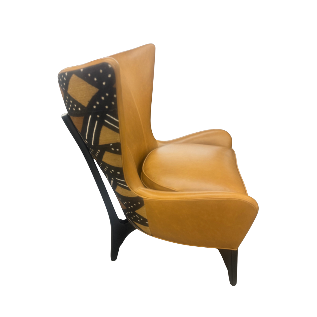 Harriet Wingback Chair in Caramel Leather & Mud Cloth (Bogolanfini)