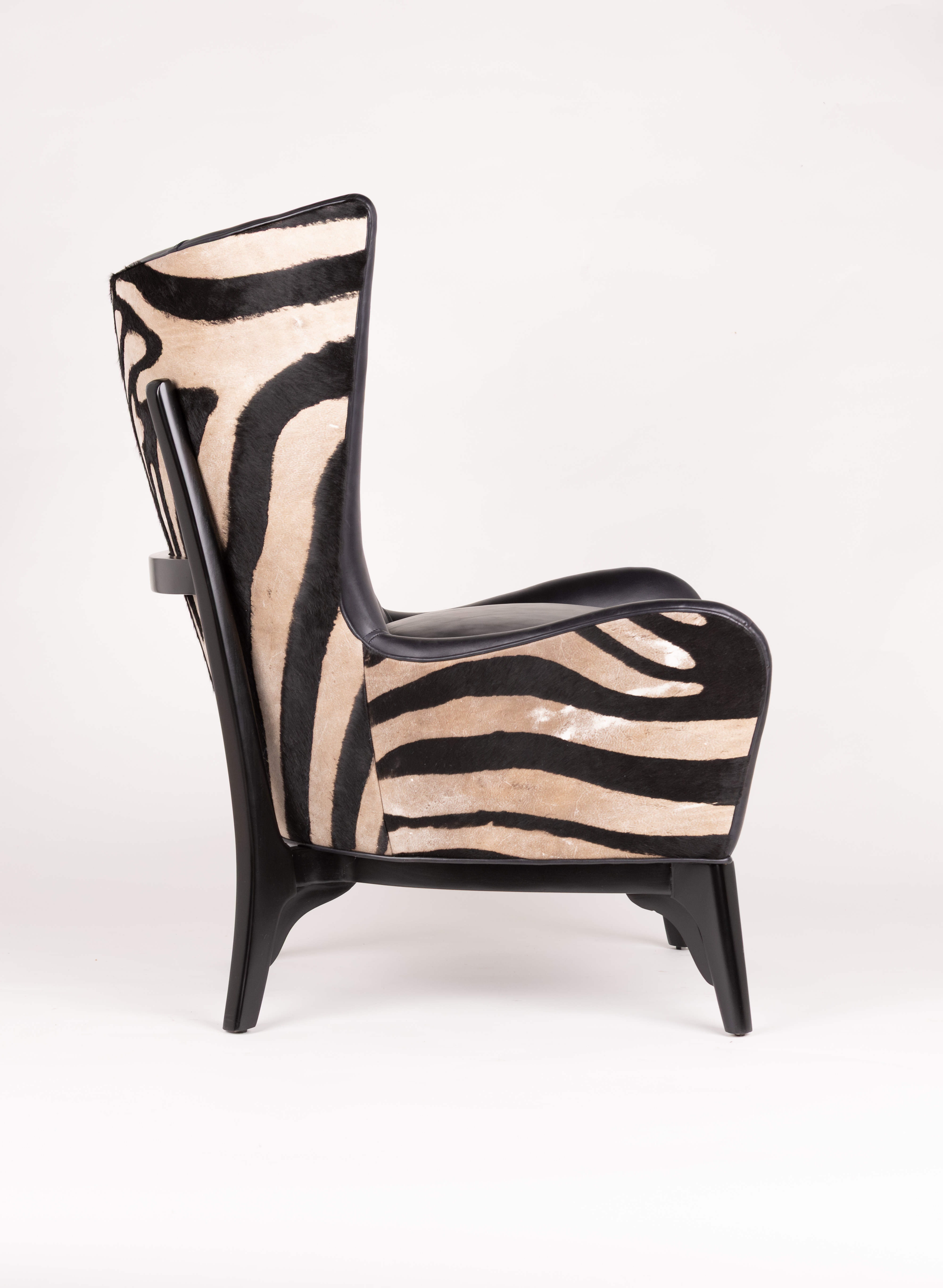 Harriet Wingback Chair in Black Leather and Stamped Zebra Calf Skin