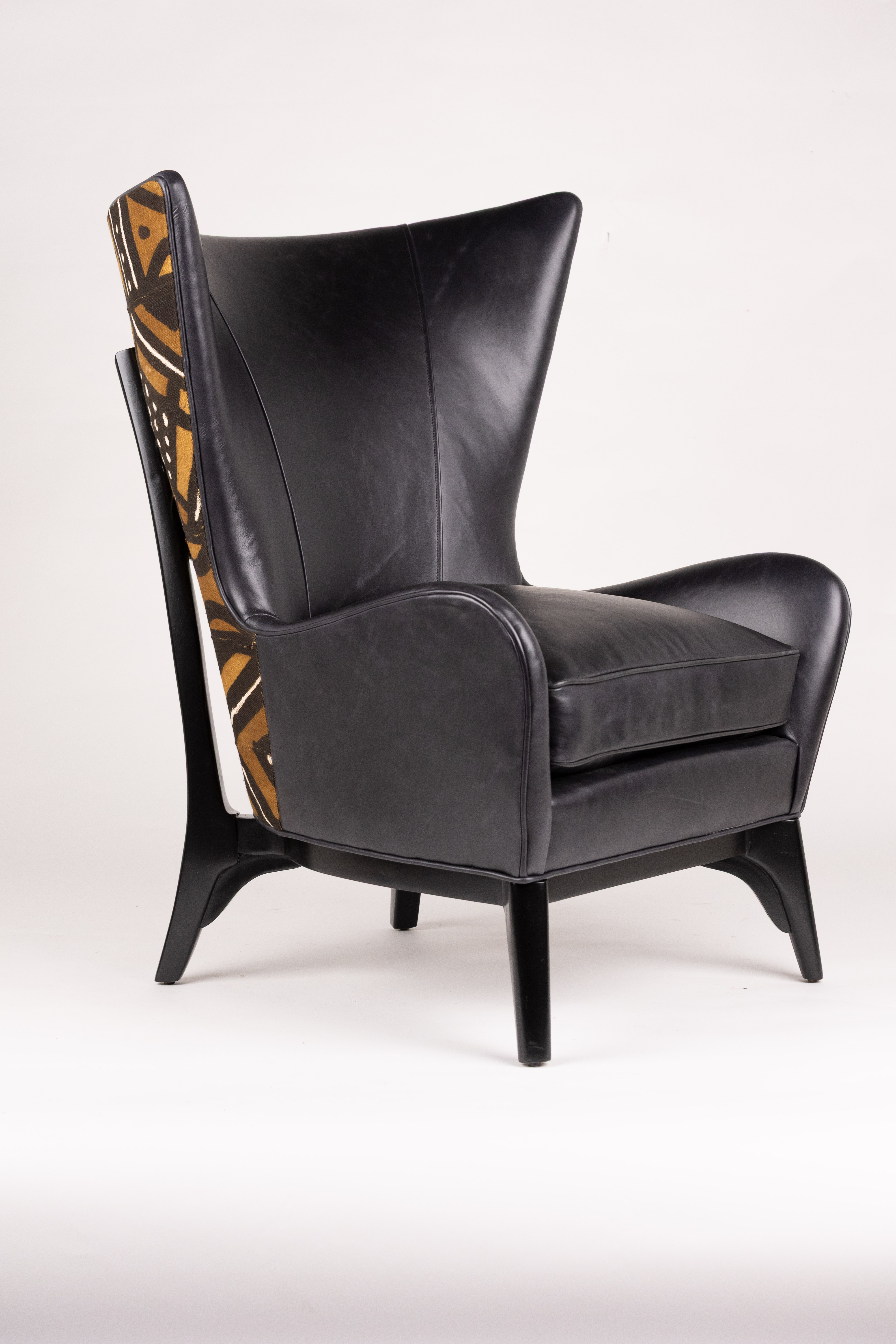 Harriet Wingback Chair in Black Leather & Mud Cloth (Bogolanfini)