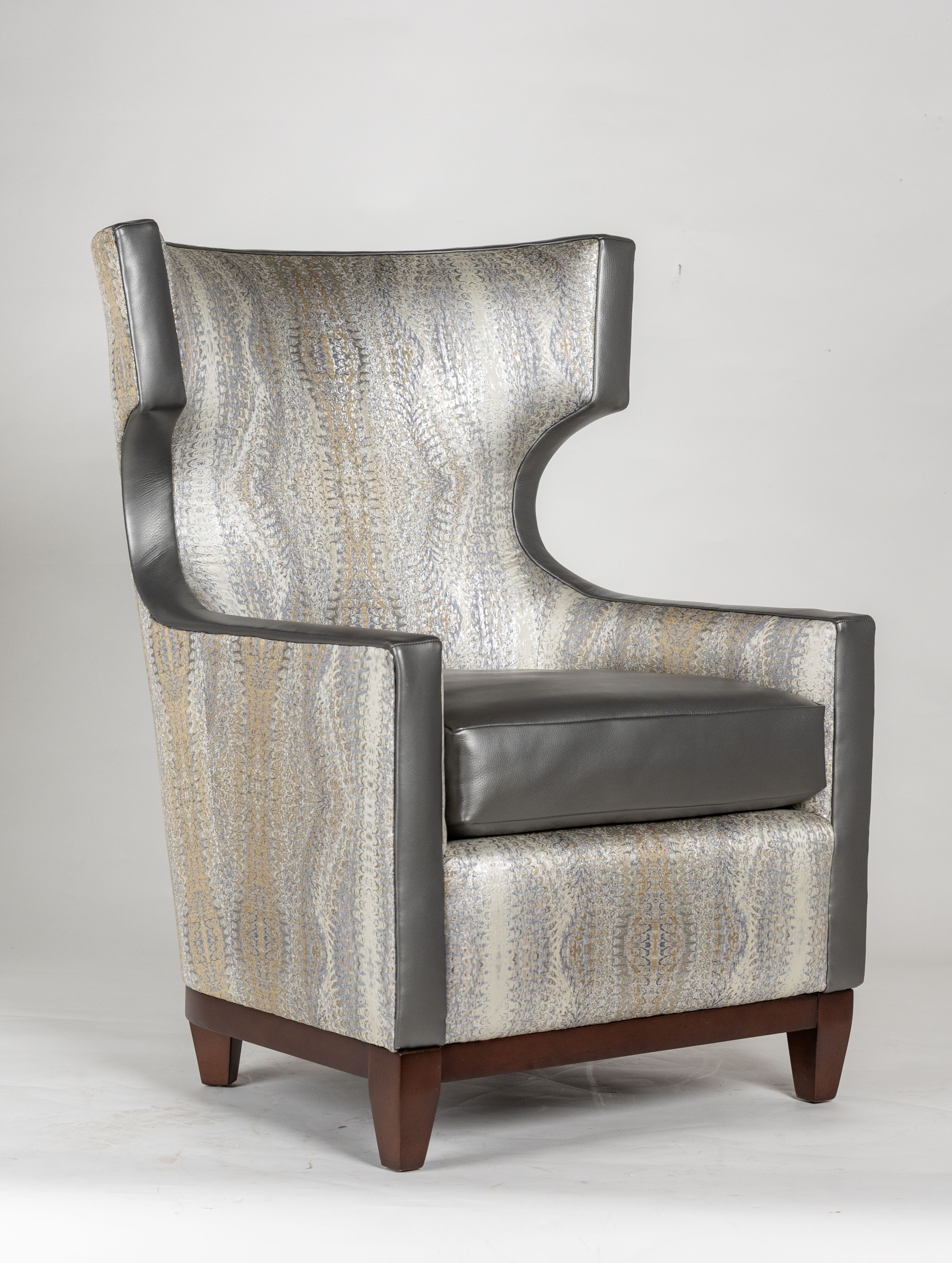 Modern Wingback Accent Chair in Grey Leather & Patterned Upholstery