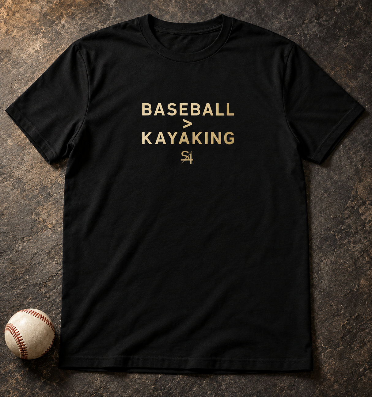 Black S4 T-shirt with gold Baseball greater than Kayaking lettering