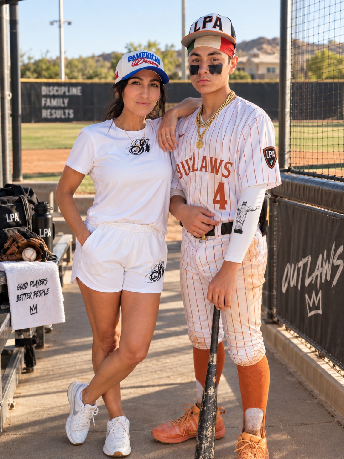 Rylee in a white S4 matching set alongside Salvatore wearing his baseball uniform and Jesus Piece sleeve