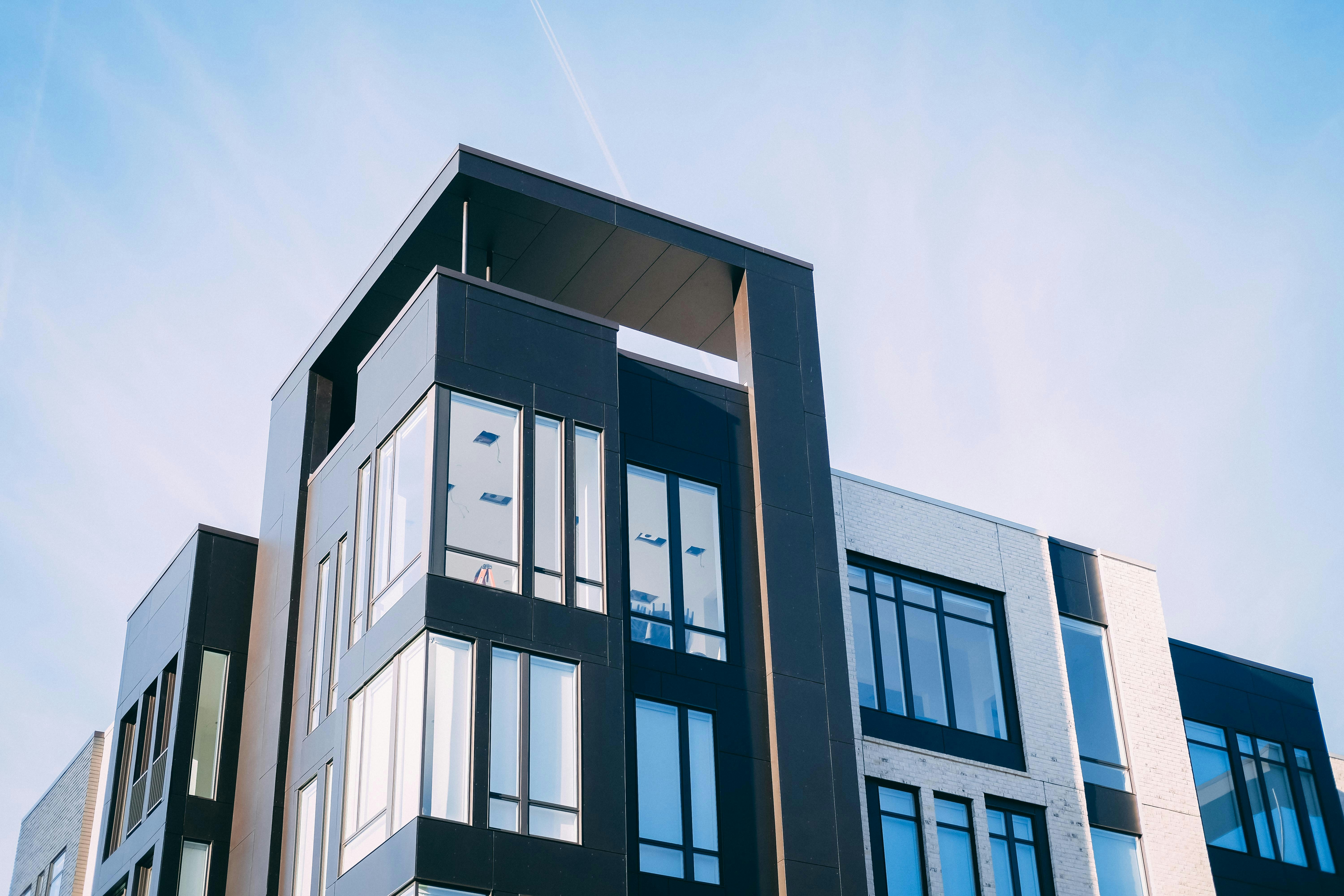 Modern building with integrated fire engineering and safety systems