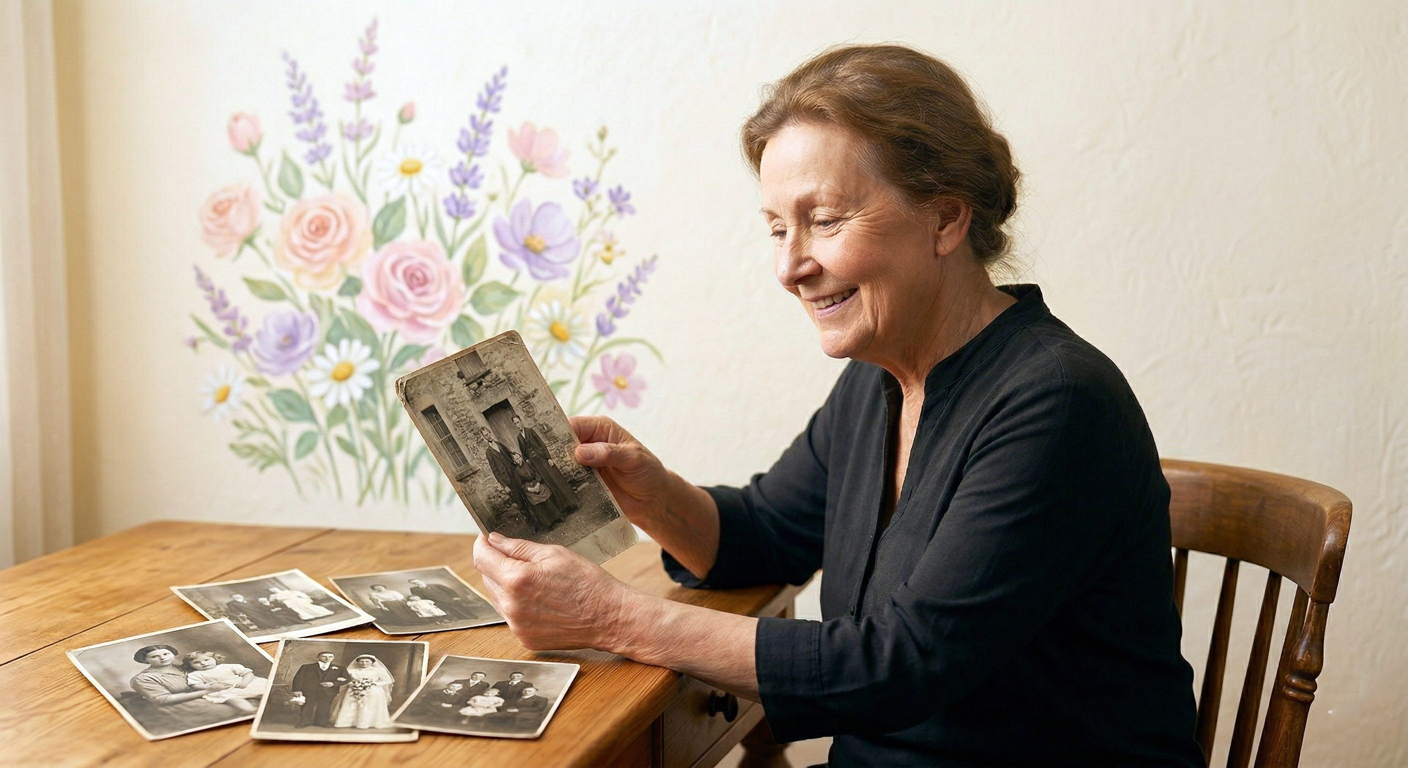 Woman smiling while looking at old family photographs — MyLegacyCloud memory preservation