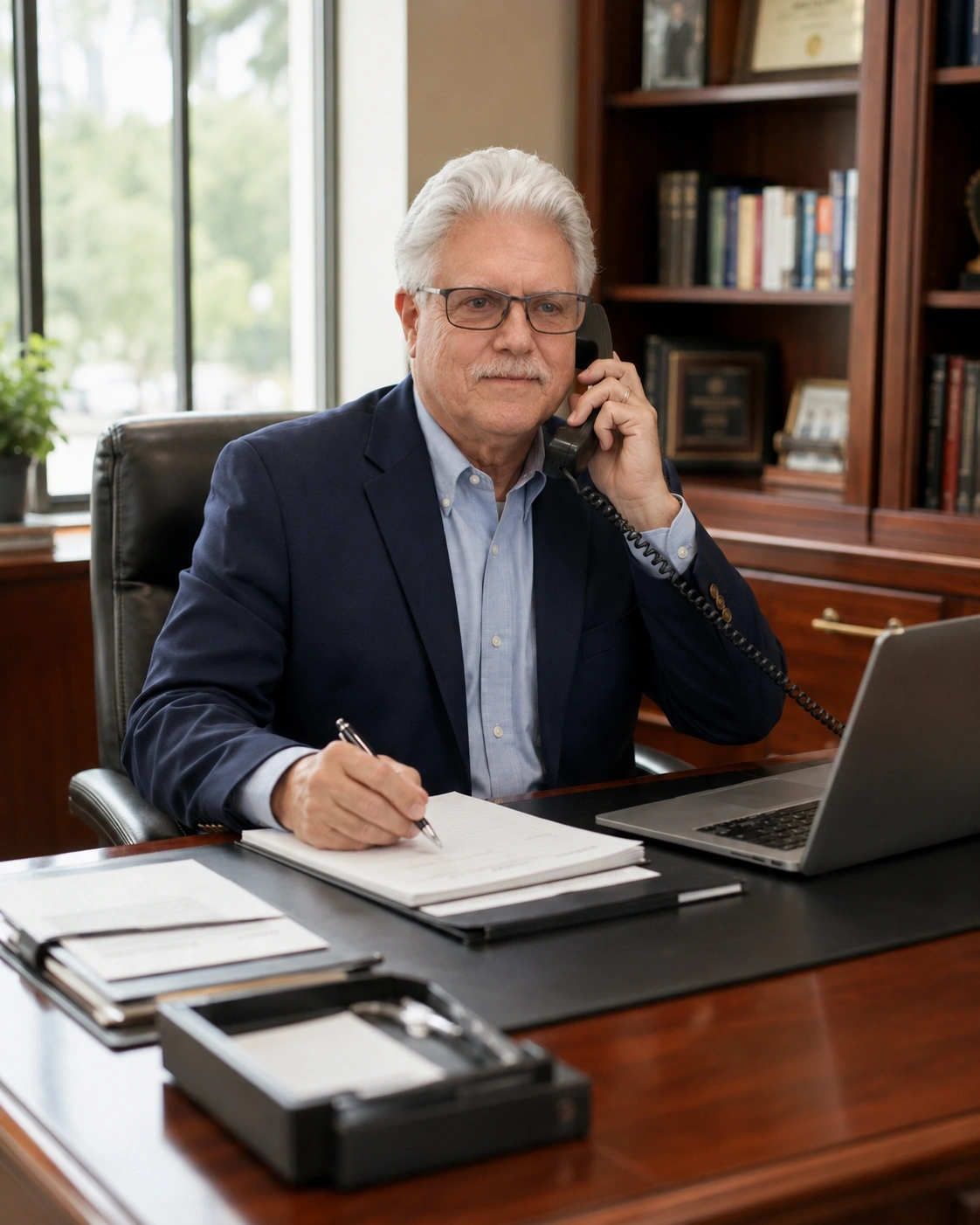 Russ Sprunger on the phone at his desk providing on-demand Flash Coaching