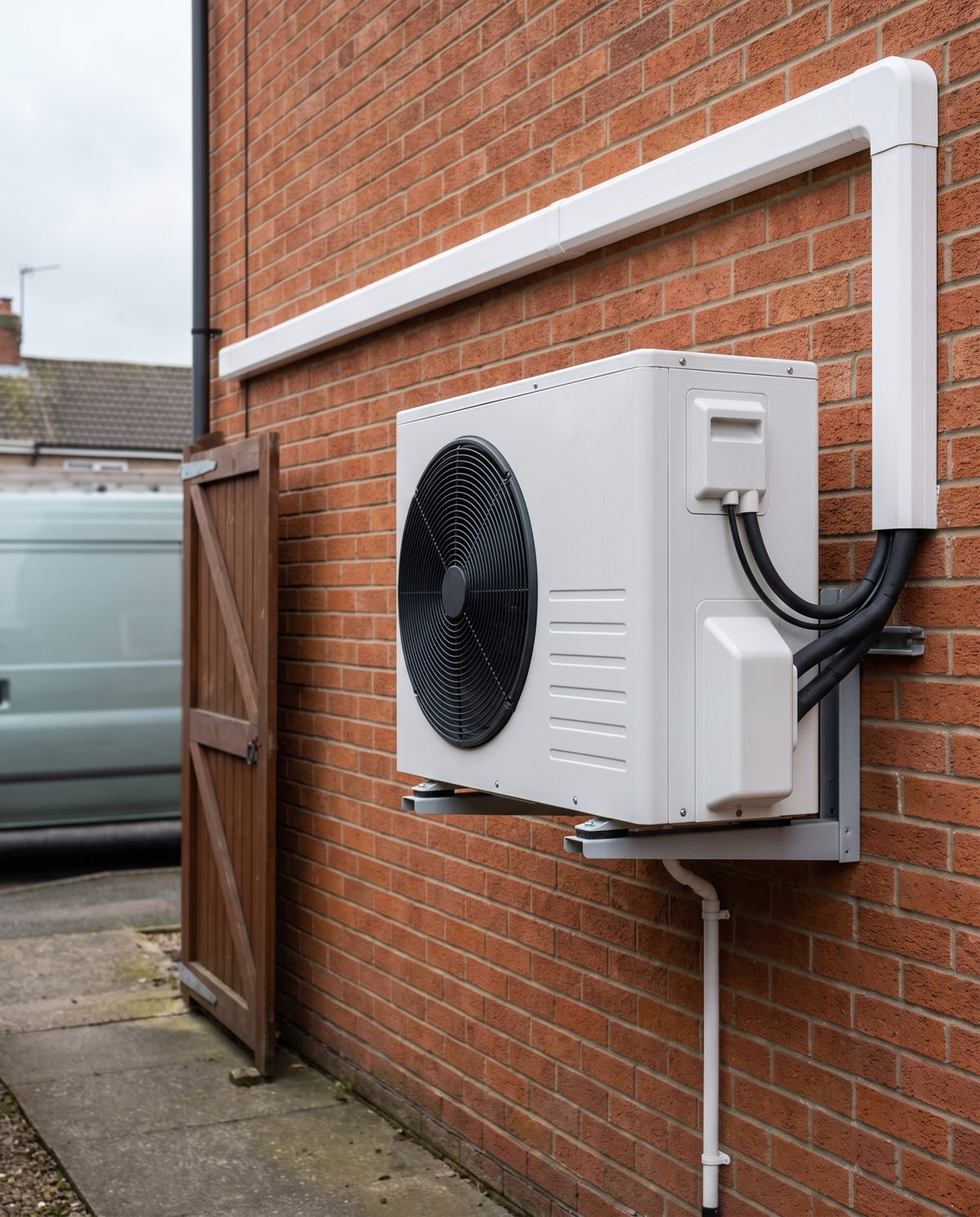 Traditional air conditioning outdoor unit and pipework on a house wall