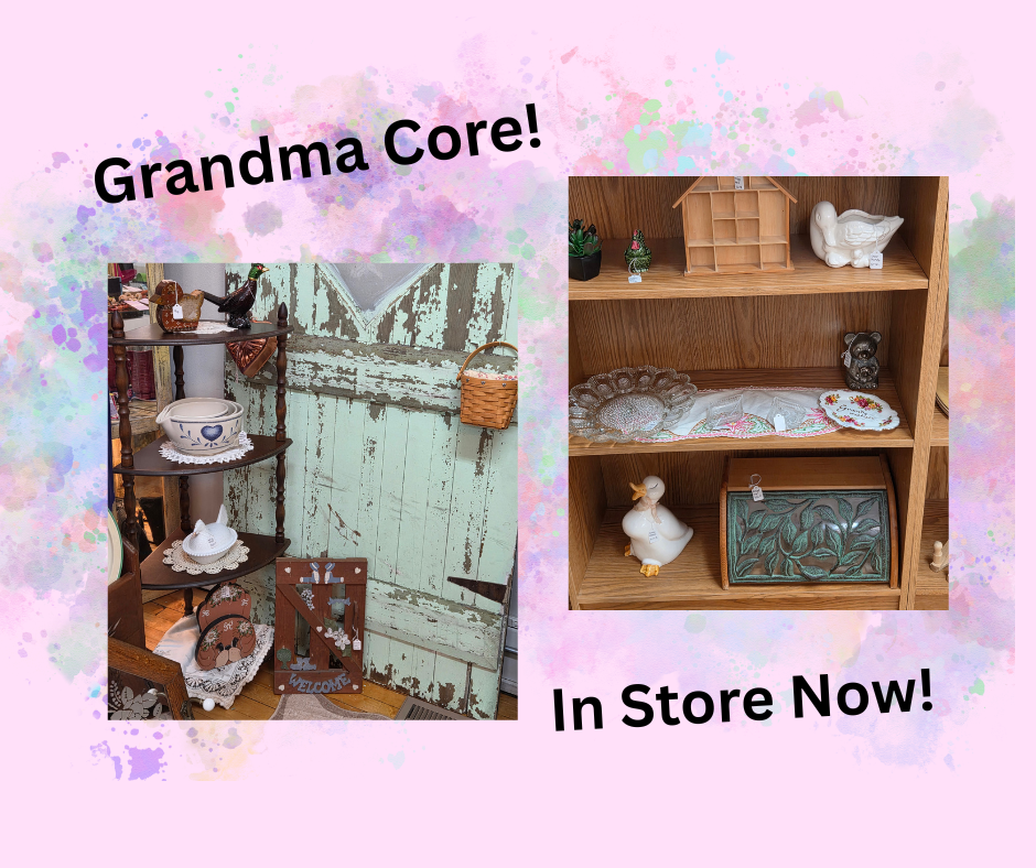 A product collage graphic from Bee Eclectic in Hastings, MI, titled 'Grandma Core! In Store Now!' featuring a distressed, chipped mint-green architectural door, a wooden shelving display with a carved wooden breadbox, a white ceramic duck, and vintage lace linens.
