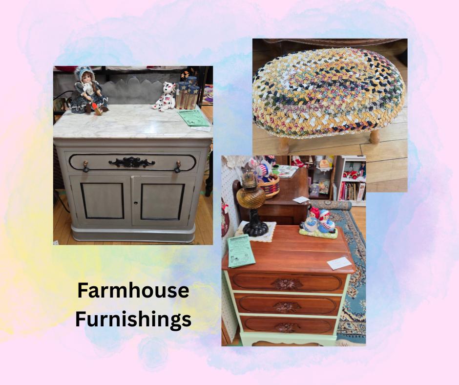 A product collage graphic titled 'Farmhouse Furnishings' from Bee Eclectic in Hastings, MI, displaying a painted commode with a marble top, a multi-colored braided rag footstool, and a vintage wooden dresser.