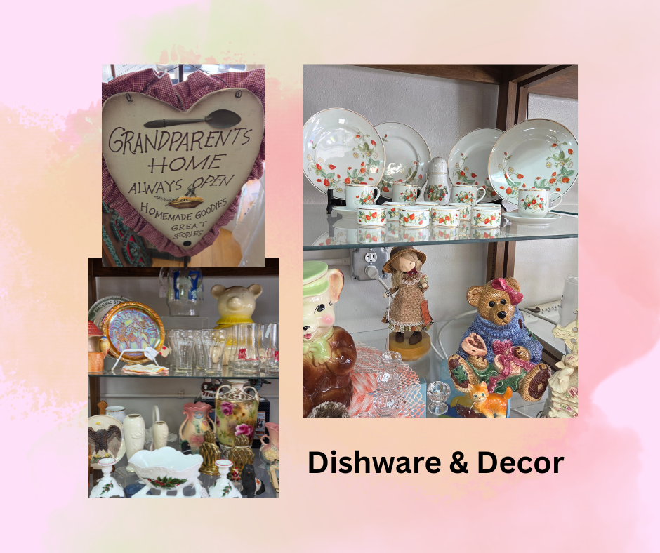 A graphic collage labeled 'Dishware & Decor' from Bee Eclectic in Hastings, MI, featuring a heart-shaped 'Grandparents Home' sign, a vintage strawberry-patterned tea set, collectible teddy bear figurines, and antique glassware.