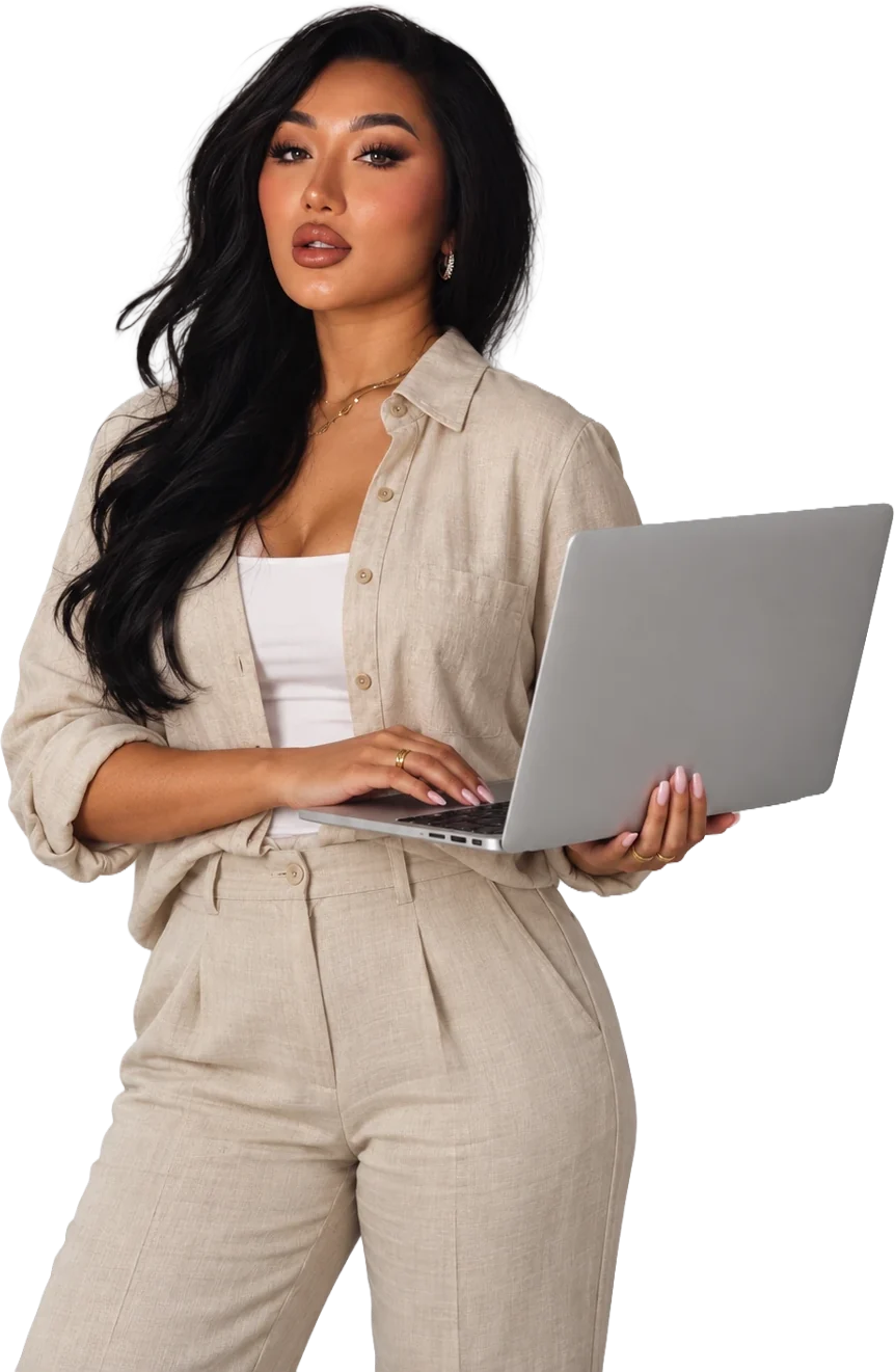 Thuy Le holding a laptop