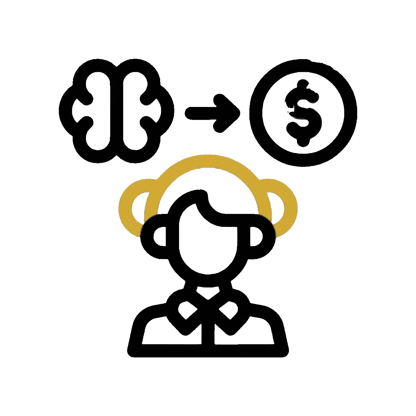 Brain-to-dollar symbol above a person icon