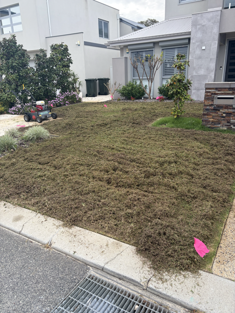 Vertimowing machinery in action on a lawn by Cotton's Mowing